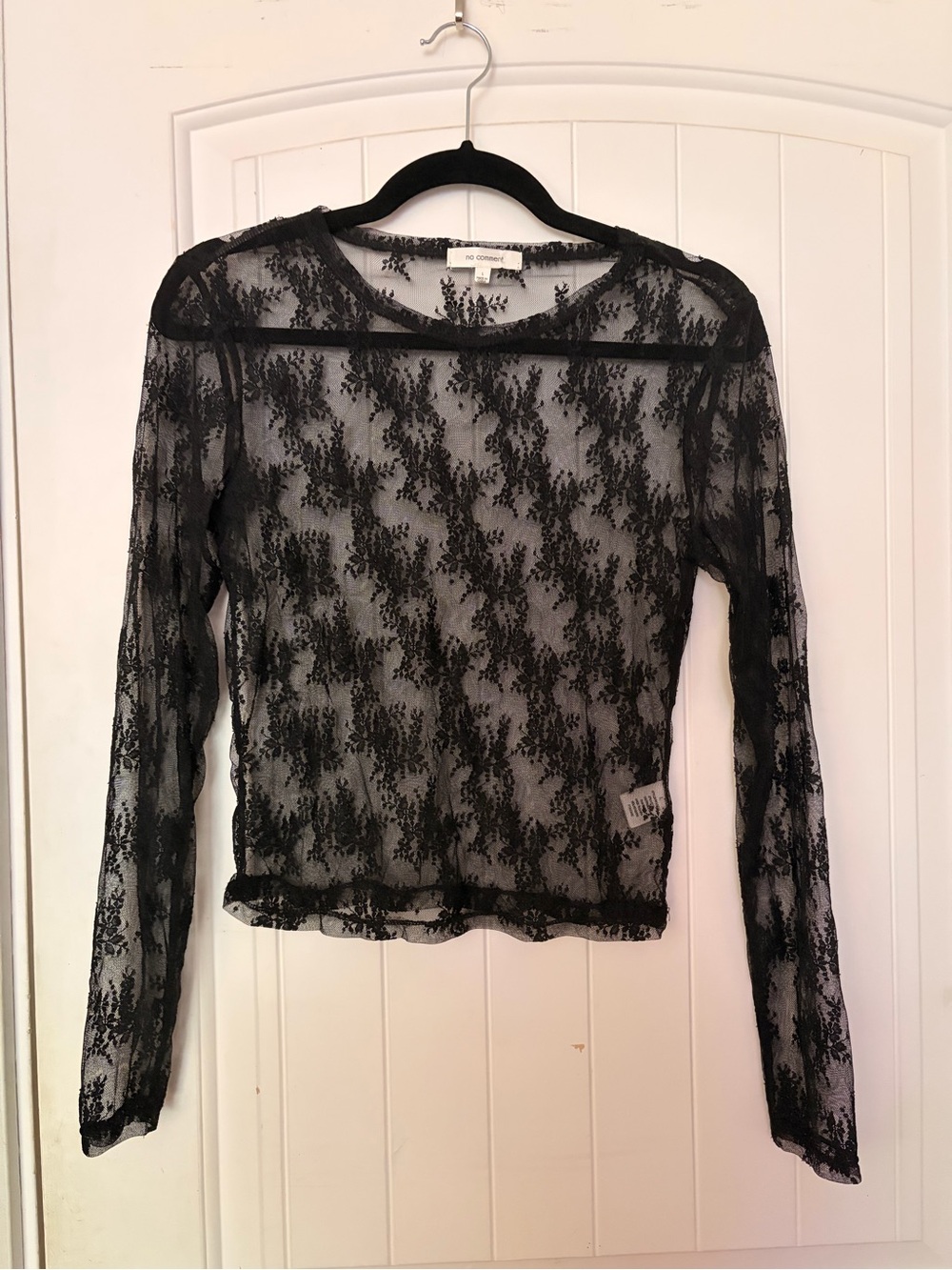 No Comment Sheer Lace Long-Sleeve Top in Black